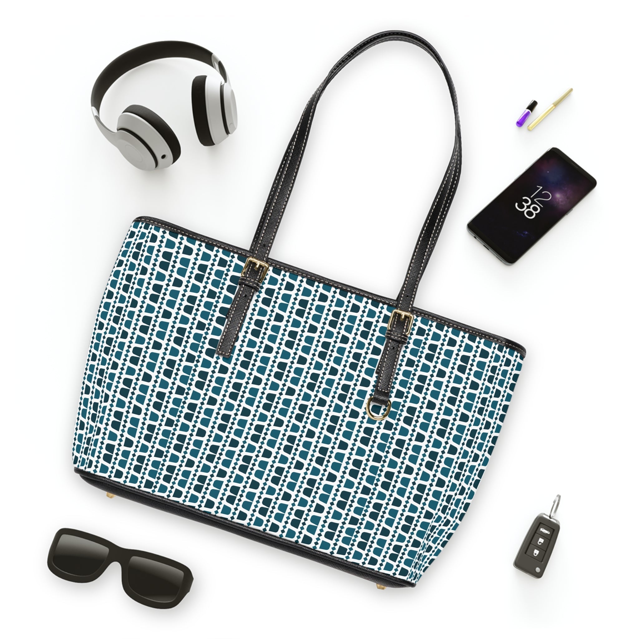 Geometric Blue and White Arabic Coffee Cups Pattern Leather Shoulder Bag