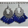 MS Fashion India Half Moon Silver Oxidized Earrings With Blue Color Silk Threads