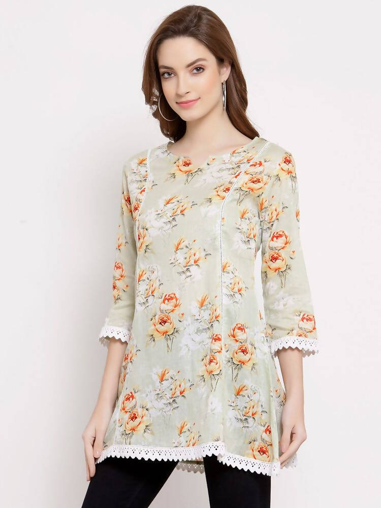Myshka Women's Off White Cotton 3/4 Sleeve Round Neck Printed Casual Tunic