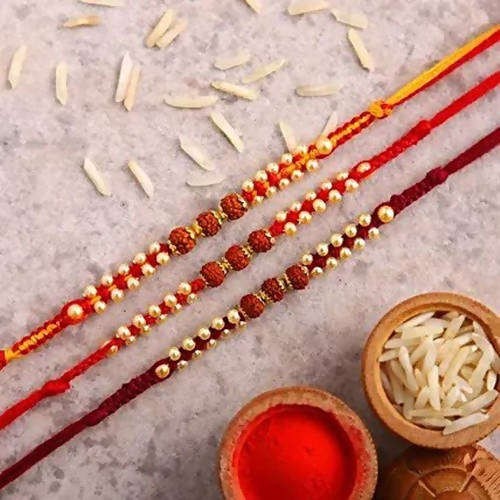 Set of 3 Sleek Rudraksha Rakhi and Soan Papdi
