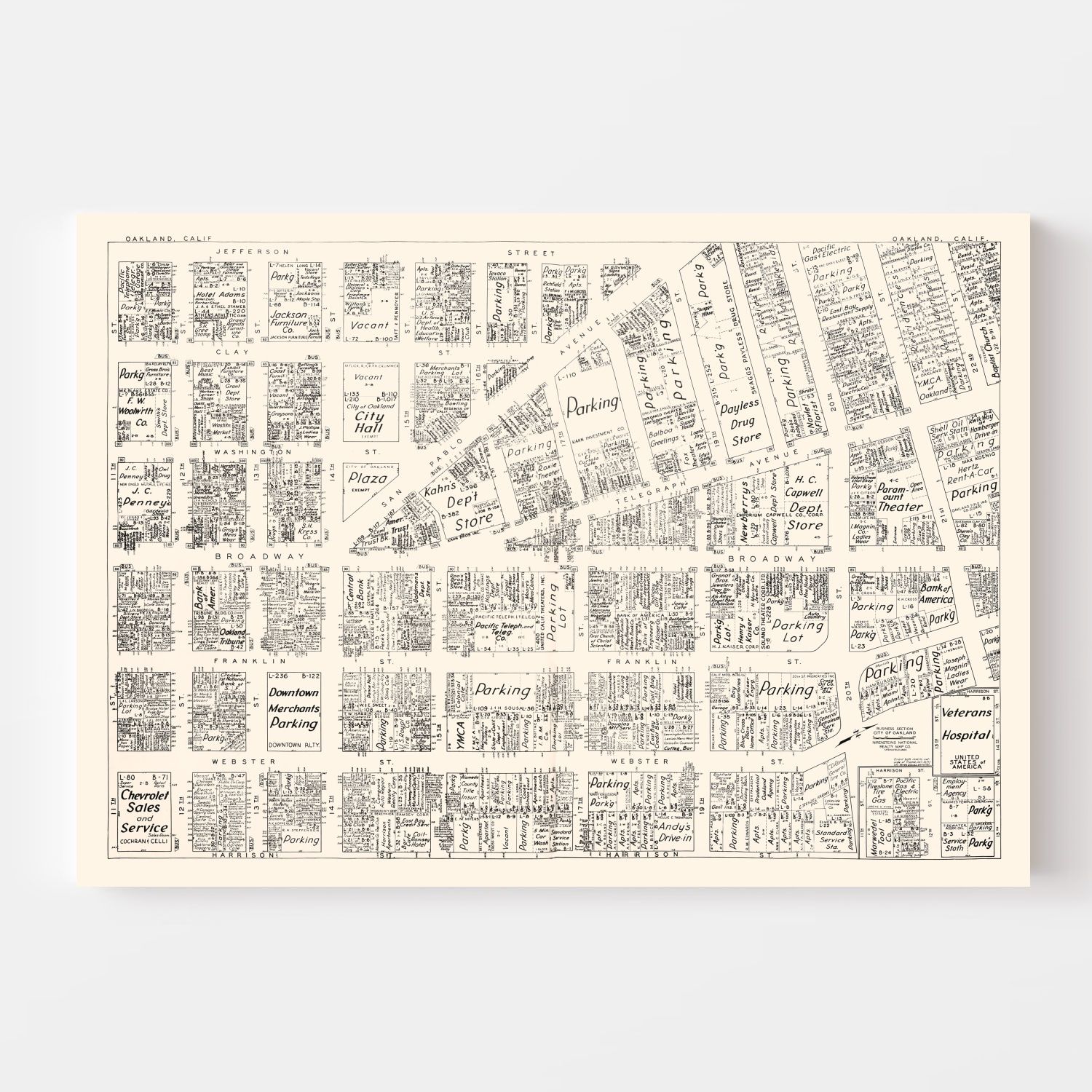 Vintage Map of Oakland, CA Business Section 1952