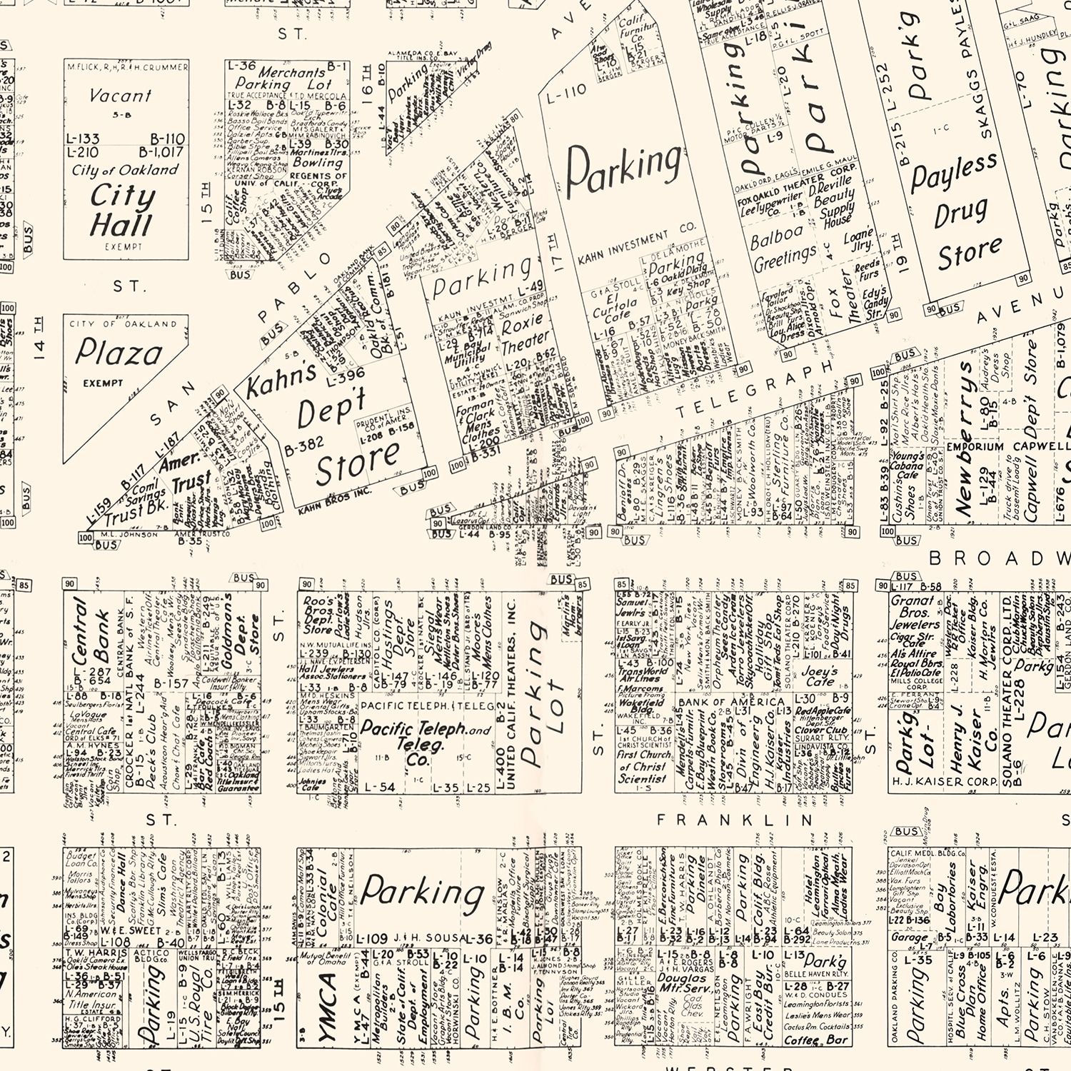 Vintage Map of Oakland, CA Business Section 1952