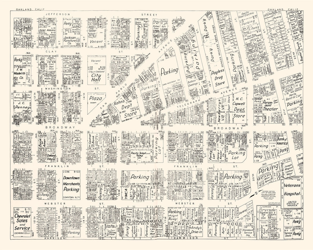 Vintage Map of Oakland, CA Business Section 1952
