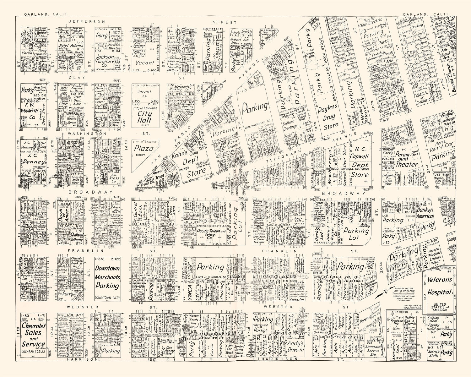 Vintage Map of Oakland, CA Business Section 1952
