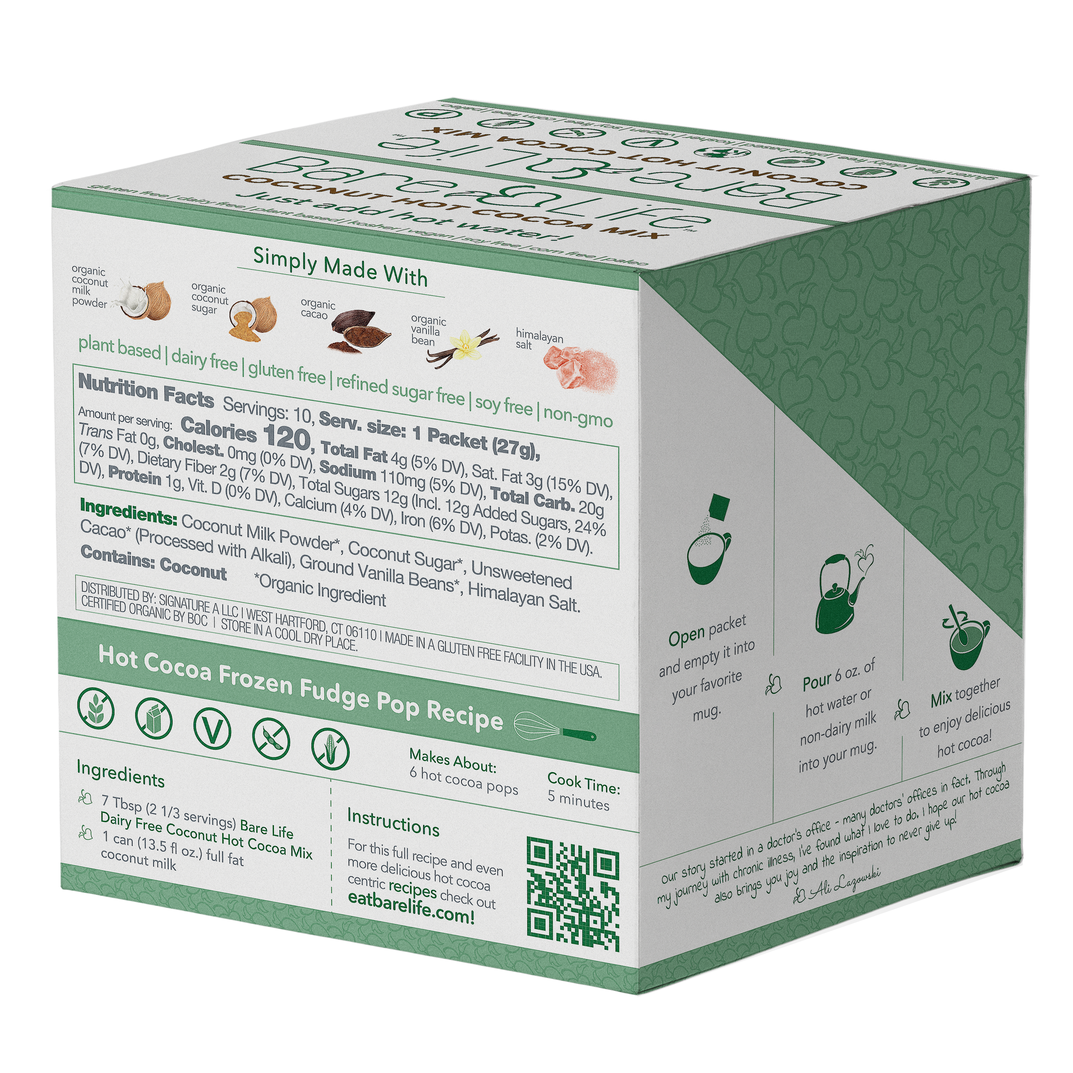 Instant Dairy Free Coconut Hot Cocoa Mix  | Single Serving 10 Pack |Gluten Free, Vegan and Organic