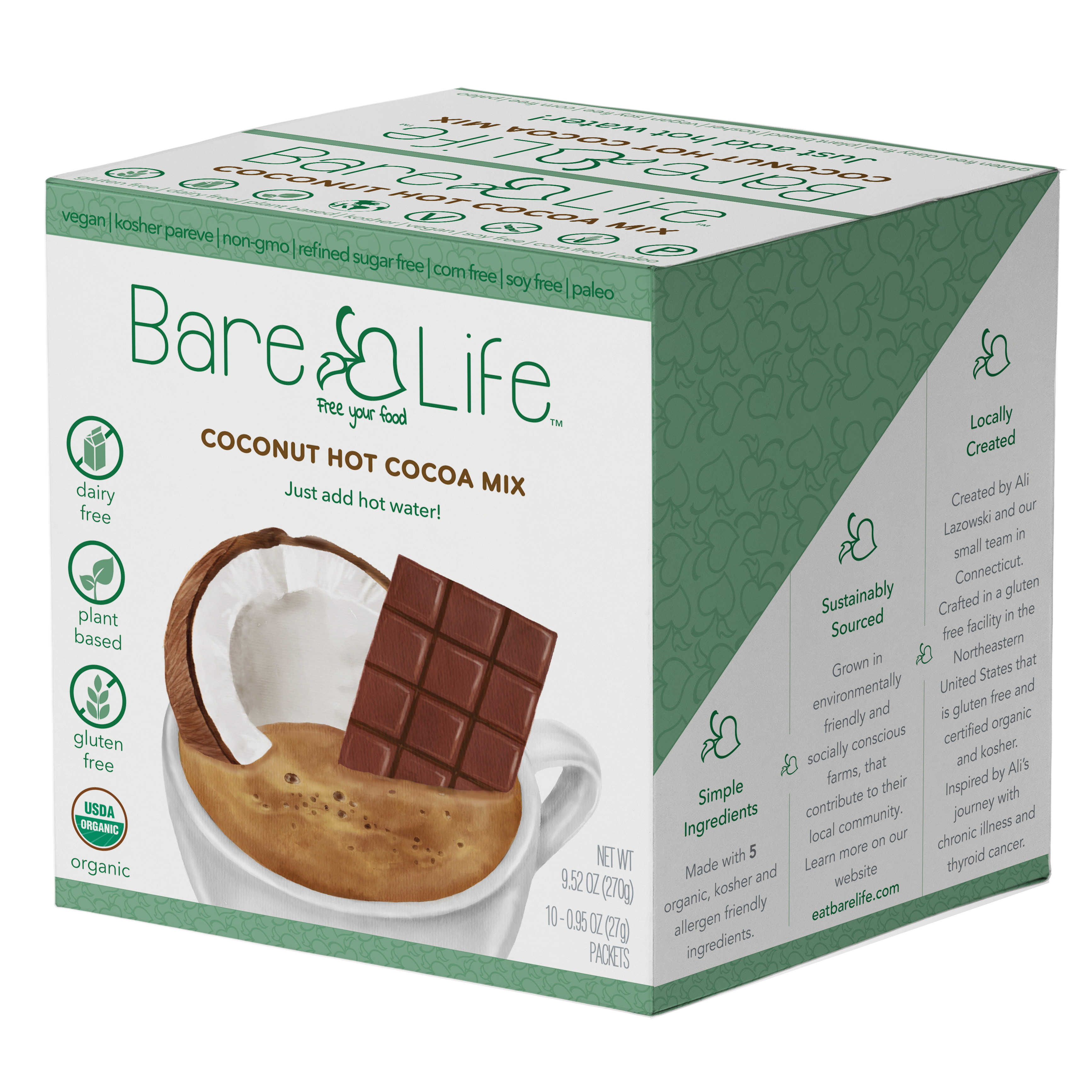Instant Dairy Free Coconut Hot Cocoa Mix  | Single Serving 10 Pack |Gluten Free, Vegan and Organic