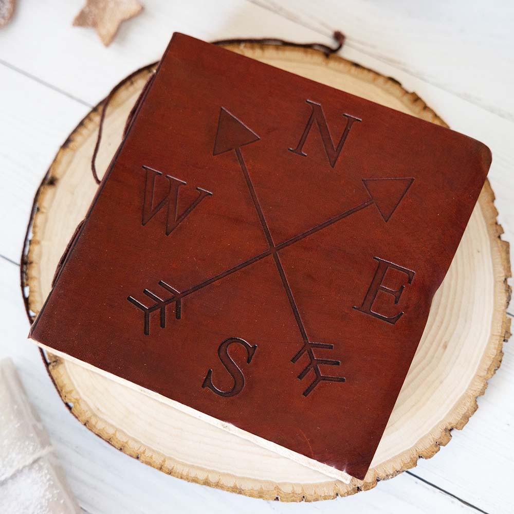 Compass 7x7 Leather Journal | Embossed Square Sketchbook & Diary