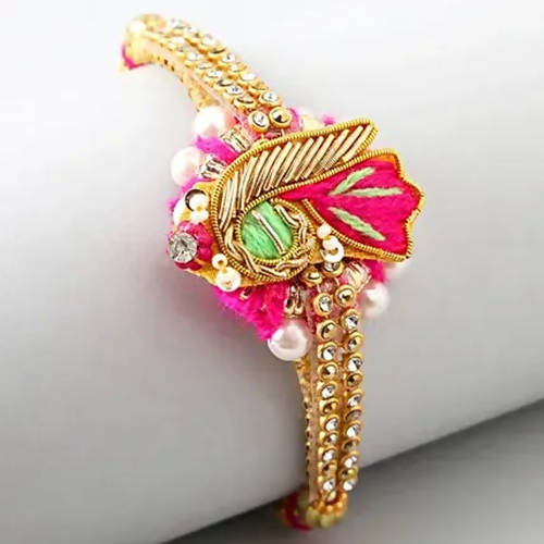 Delightful Pink Zardosi Rakhi & Cashew Jar
