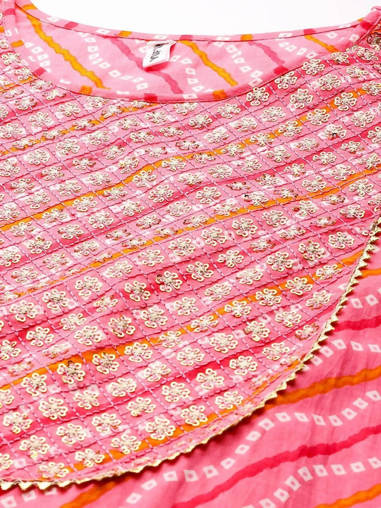 Yufta Women Pink Bandhani Yoke Design Regular Sequined Pure Cotton Kurta with Palazzo
