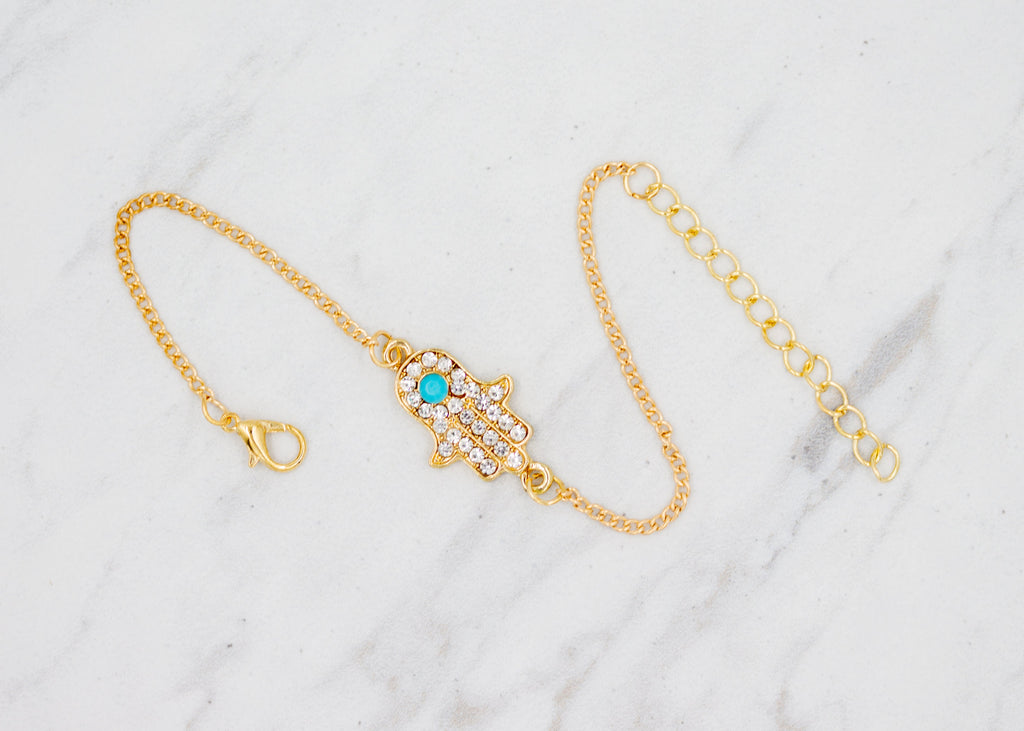 Gold Hamsa Hand Bracelet w/ Turquoise Stone