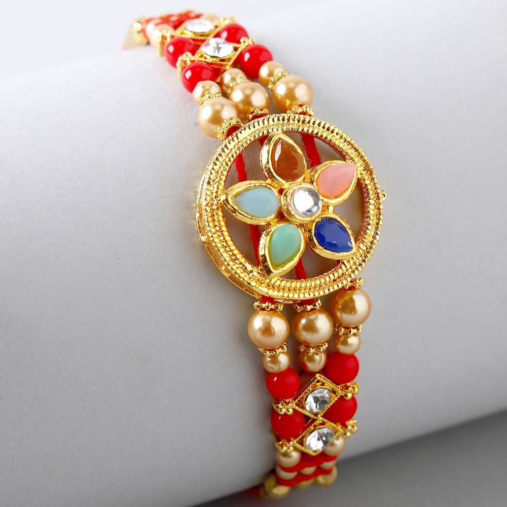 Flower Design Kundan Rakhi and Kaju Rolls Box