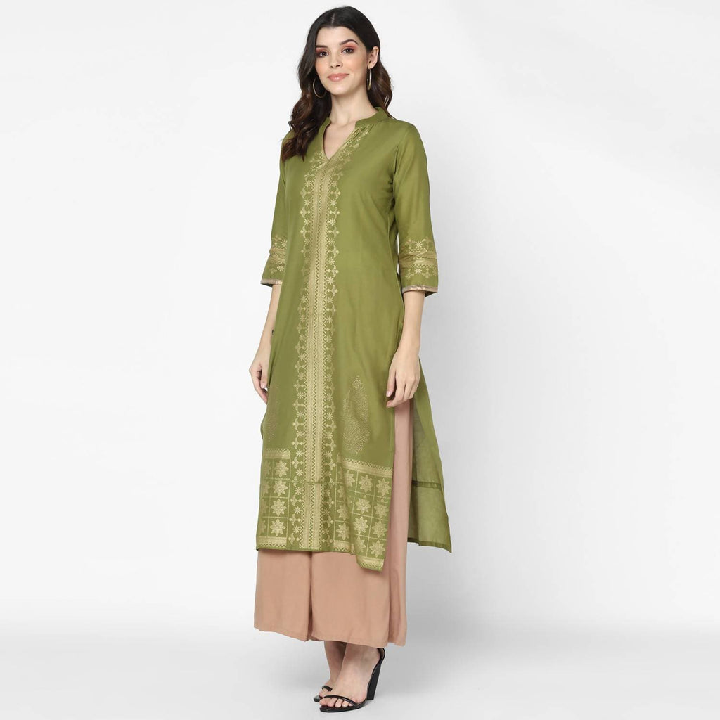 Cheera Hand Block Print Military Color Straight Kurta (MAAI-050K)