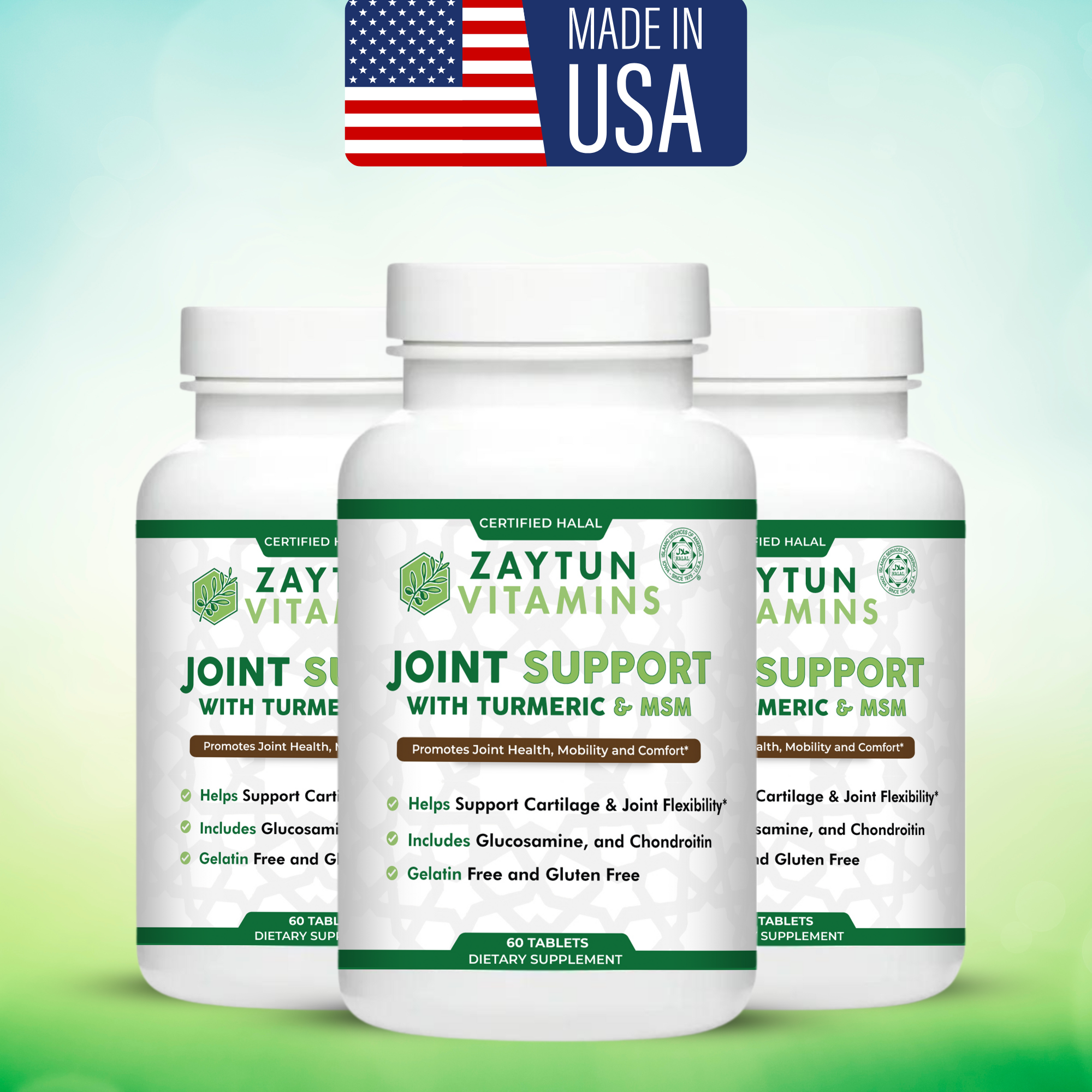 Halal Joint Support with Glucosamine + Turmeric + Chondroitin Tablets (3-Pack)