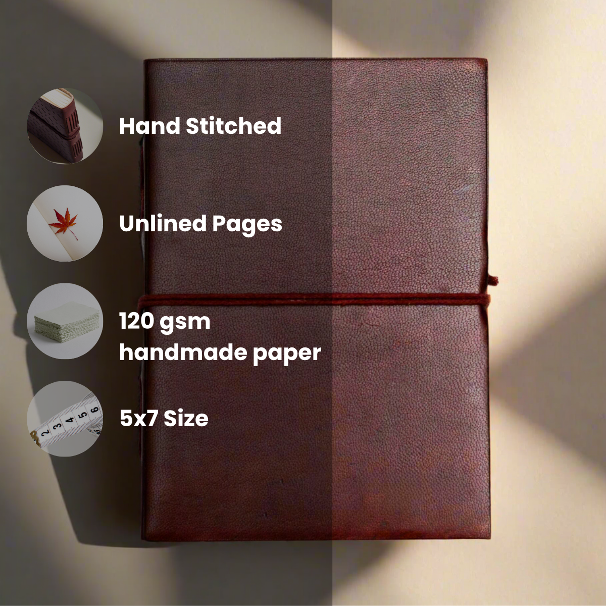 Rustic Dark Brown 5x7 Leather Journal - Unlined & Tree-Free Paper