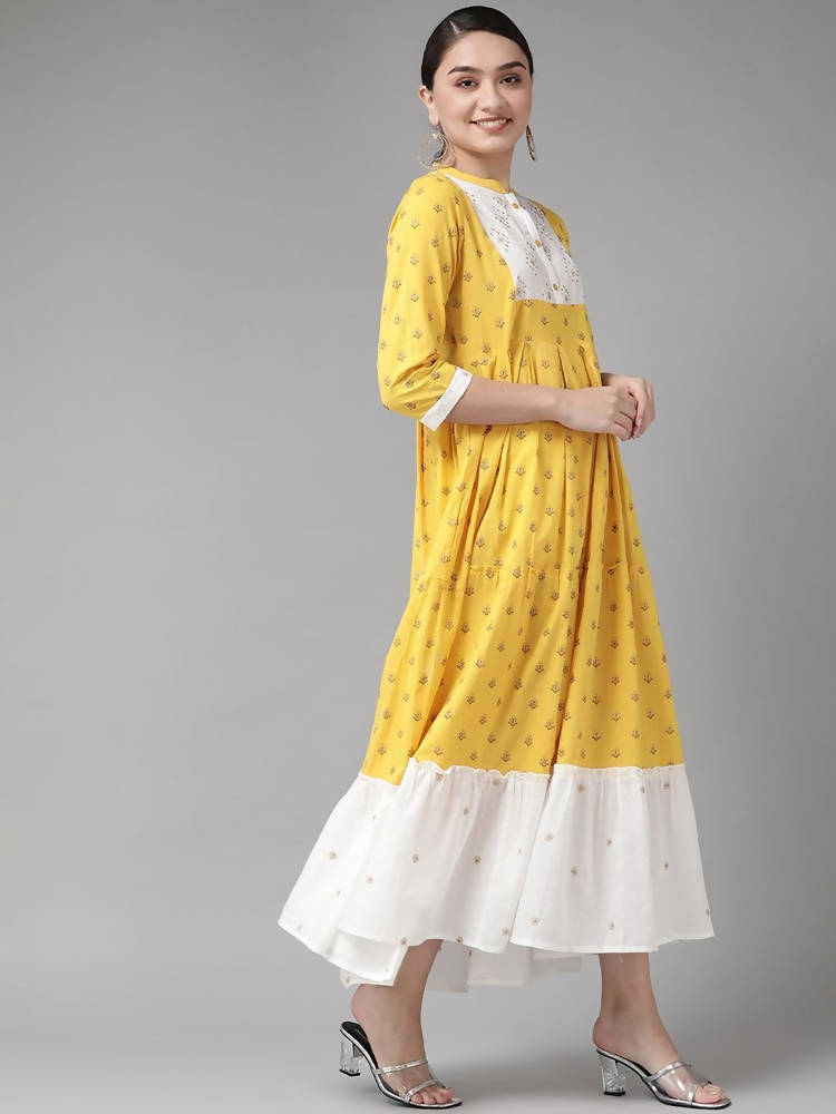 Yufta Women Yellow & White Cotton Embellished Ethnic Motifs Print Tiered Maxi Dress