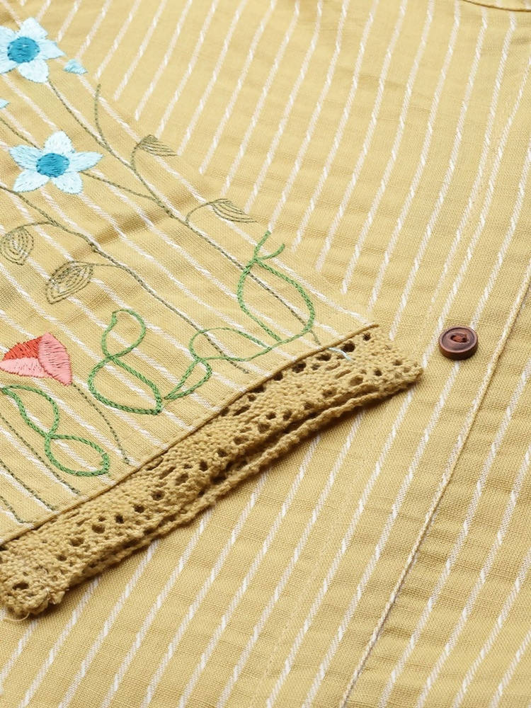 Yufta Women Beige & Off White Striped Thread Work A-Line Kurta With Belt