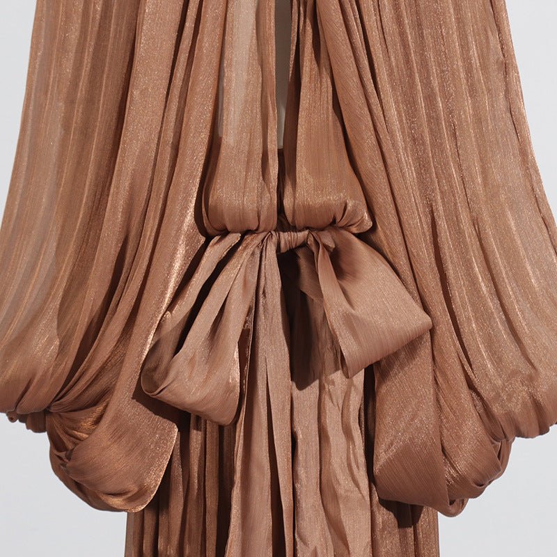 Balloon Sleeve Tie-Neck Maxi Dress(MS303)