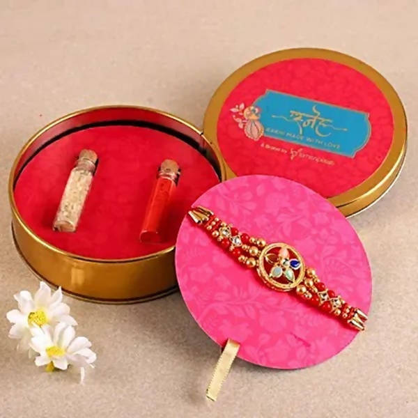 Flower Design Kundan Rakhi And Almonds Jar