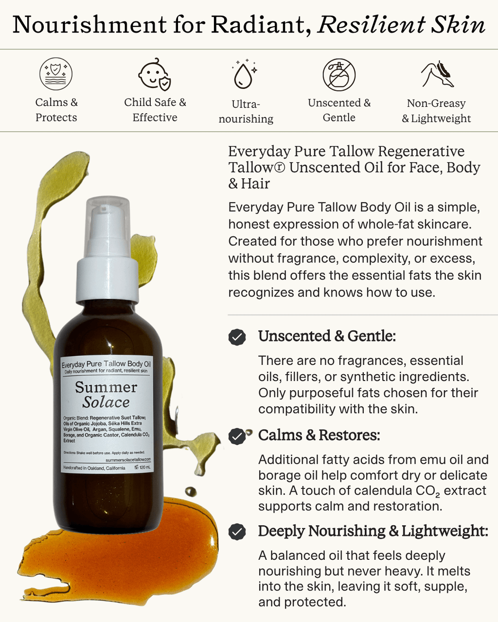Everyday Pure Tallow Face and Body Oil | Regenerative Tallow® Unscented Oil for Face, Body & Hair