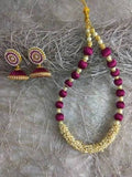 Dark Pink with White Beads Silk Threaded Necklace Set and Earrings
