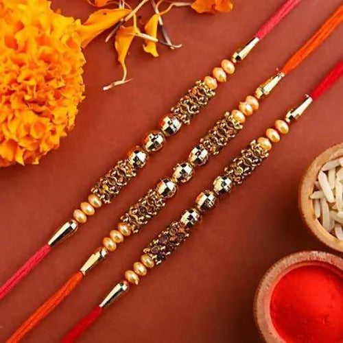 Set of 3 Traditional Pearl Rakhi and Cadbury Silk Chocolates