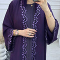 Leaf Lace Trim Abaya | Elegant Embroidered Open-Front Maxi Dress(MOA255)
