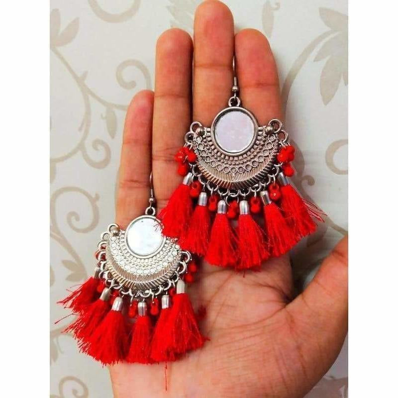 MS Fashion India Half Moon Chandbali Red Color Silk Threads Mirror Tassel Silver Earrings