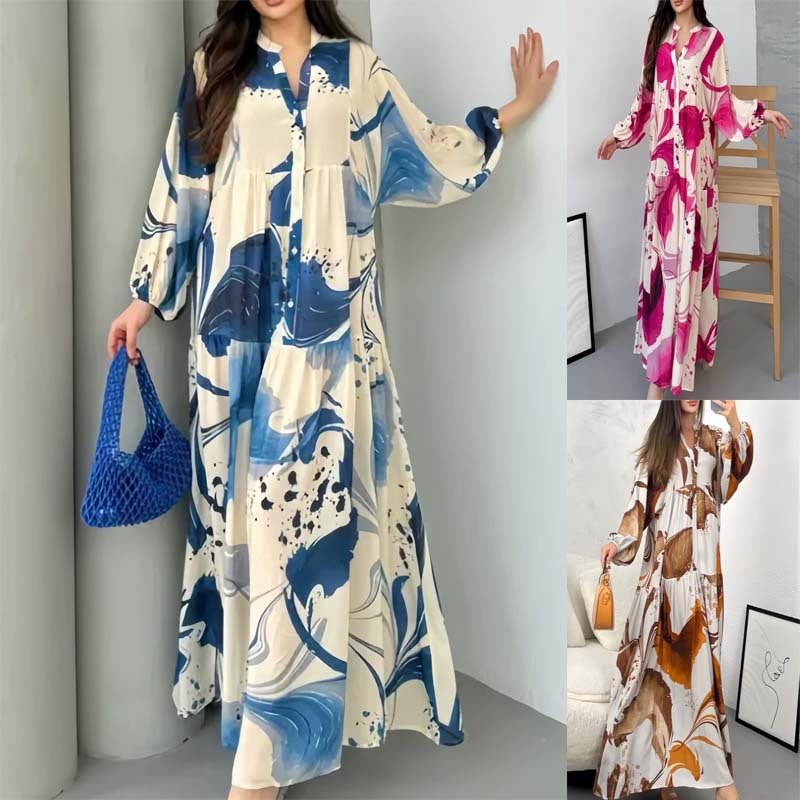 Loose Fit V-Neck Long Sleeve Dress Abaya(MA377)