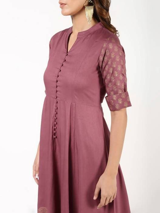 Aniyah Rayon Block Print Flared Anarkali Kurta Dusty Pink (AN-157K)