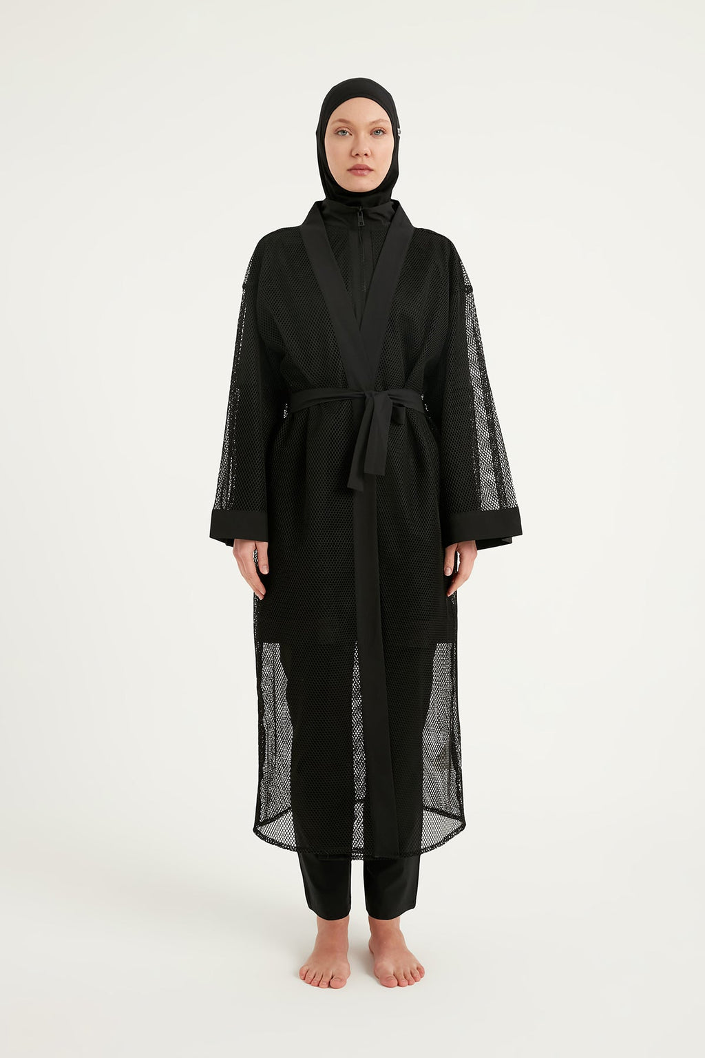 Black Full Coverage Mesh Kimono – Lightweight Islamic Beach Cover-Up P2501-1