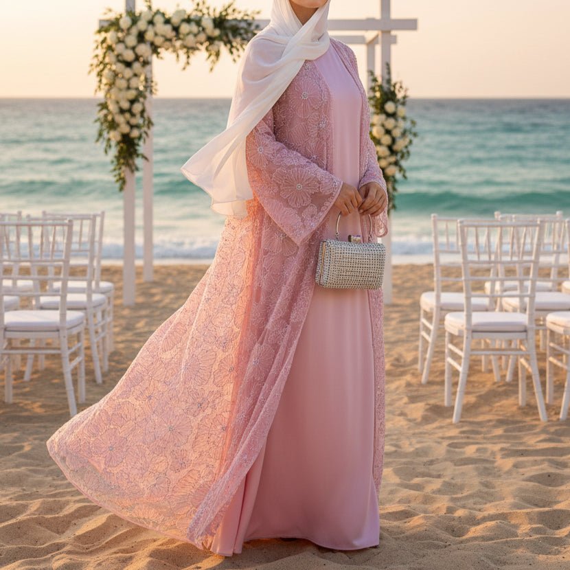 Mesh Flower Bead Open Abaya and Satin Interior Dress 2-Piece Set  | Elegant Muslim Wedding Guest Outfit(MOA222)
