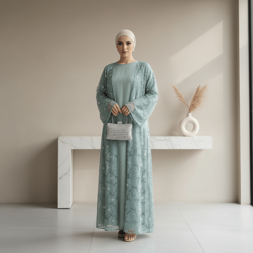 Mesh Flower Bead Open Abaya and Satin Interior Dress 2-Piece Set  | Elegant Muslim Wedding Guest Outfit(MOA222)