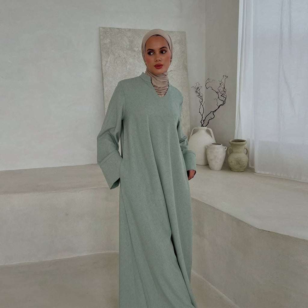 Oversized V-Neck Abaya with Pockets | Solid Color Maxi Dress with Wide Cuffs(MA331)