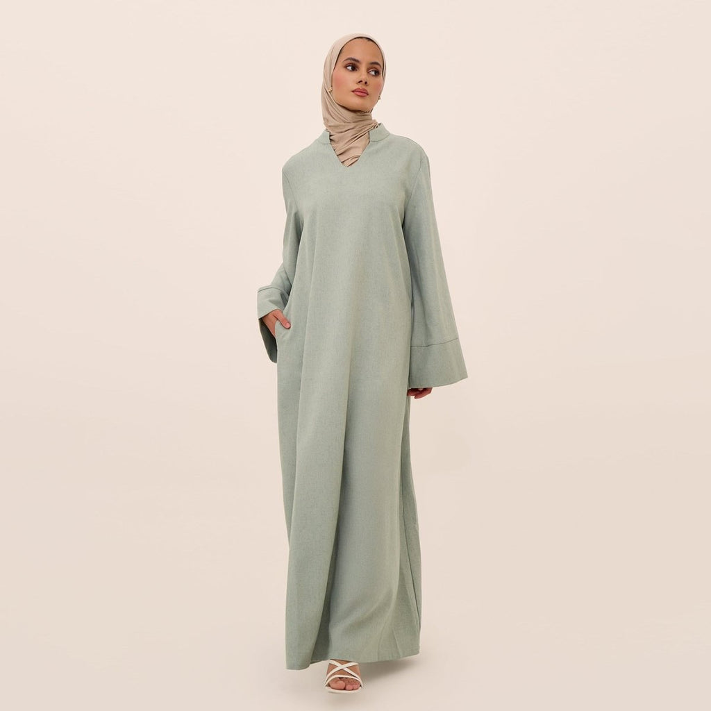 Oversized V-Neck Abaya with Pockets | Solid Color Maxi Dress with Wide Cuffs(MA331)