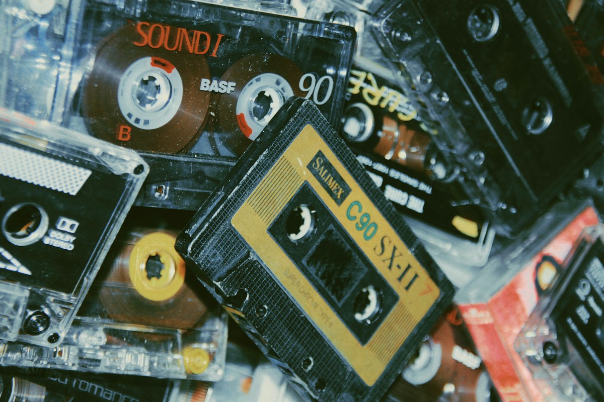 Colorful pile of stacked cassette tapes