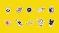 Assorted stickers on yellow background