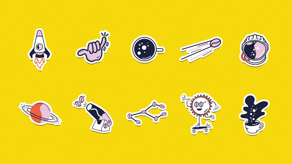 Assorted stickers on yellow background