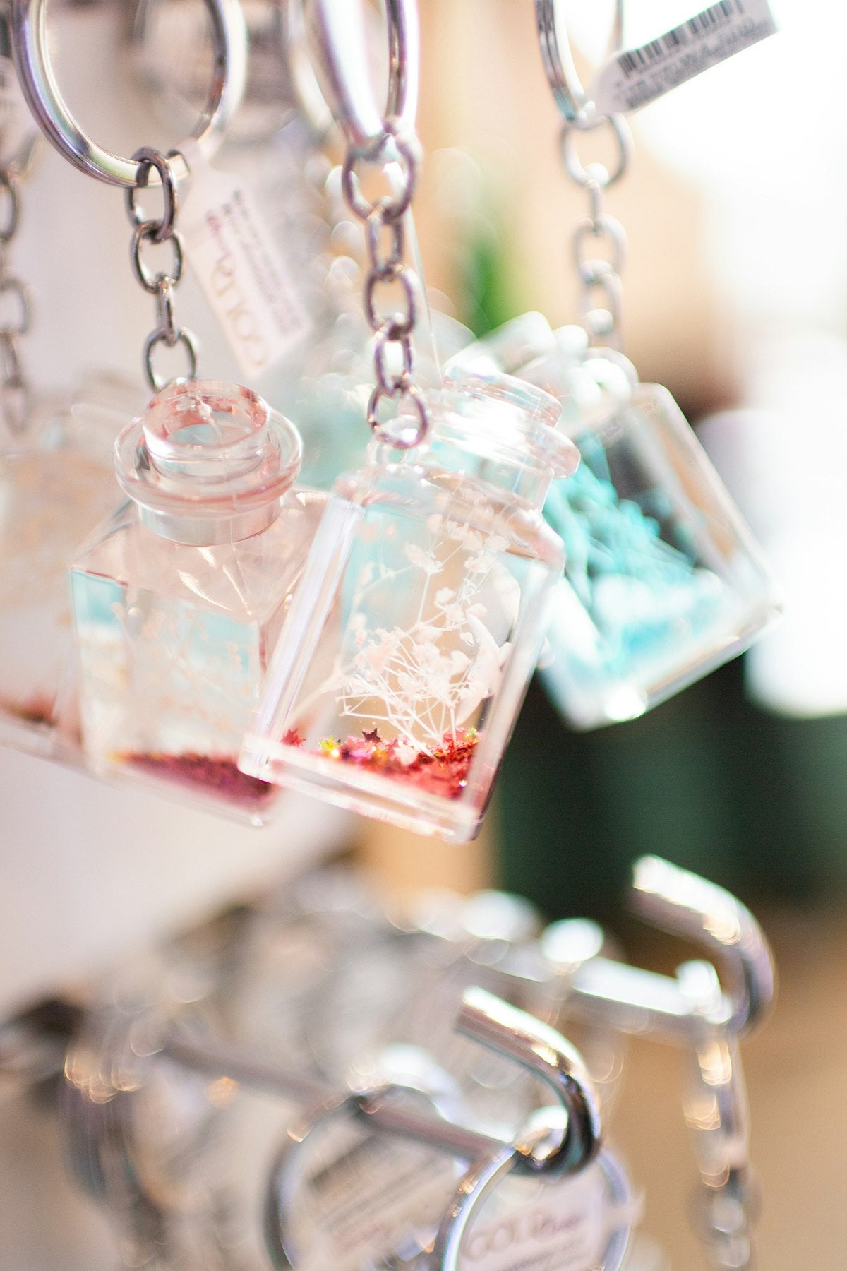 Colorful keychains displayed in retail store