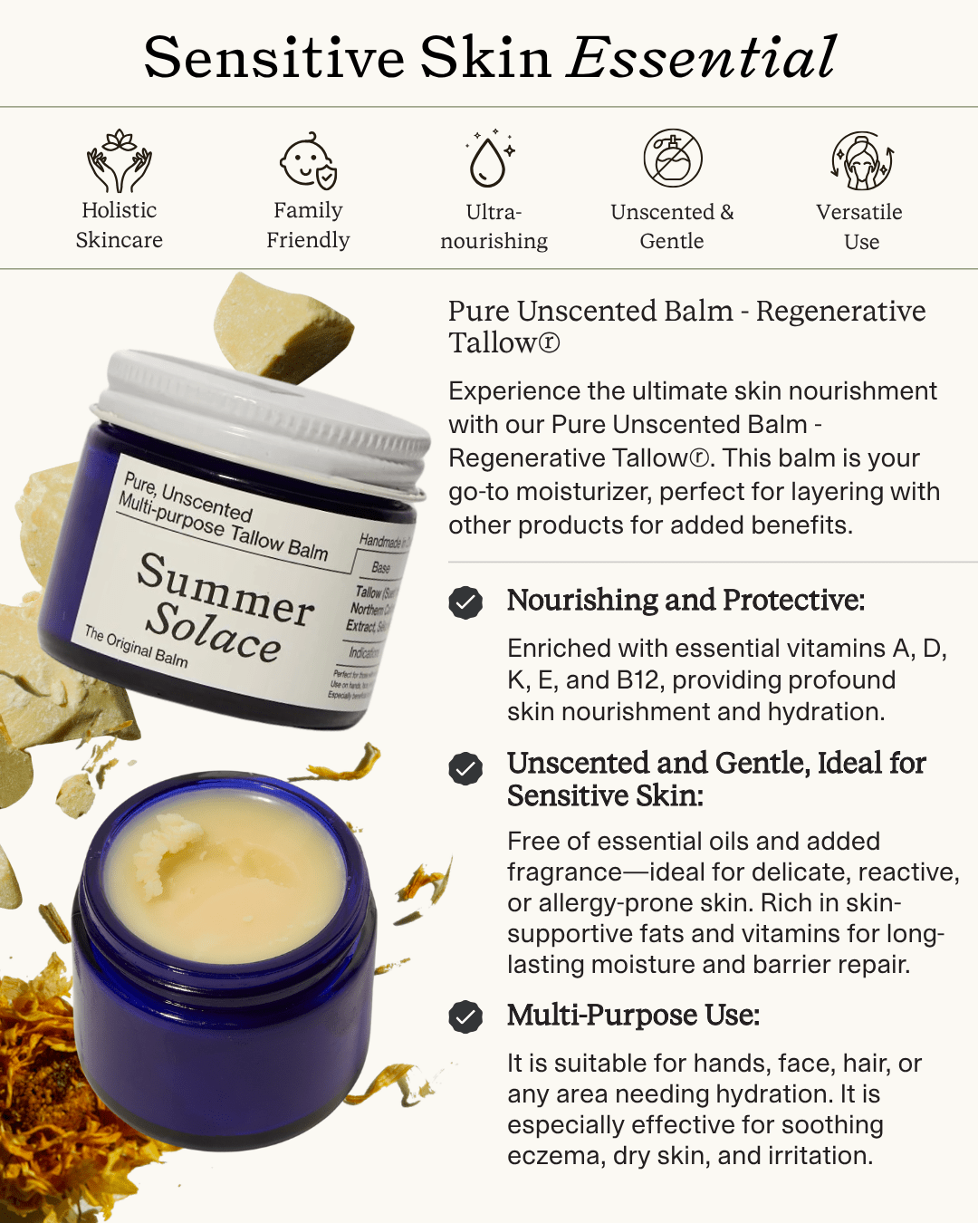 Pure Unscented Tallow Balm • Fragrance-Free Moisturizer for Sensitive Skin