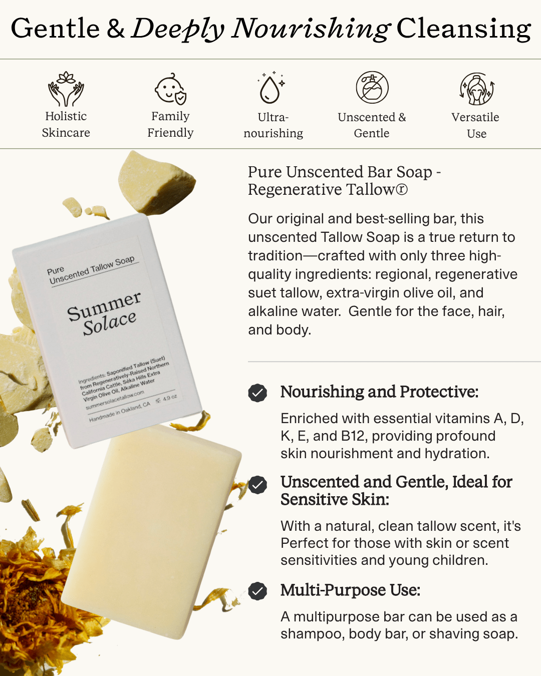 Pure Unscented – Tallow Bar Soap for Sensitive Skin