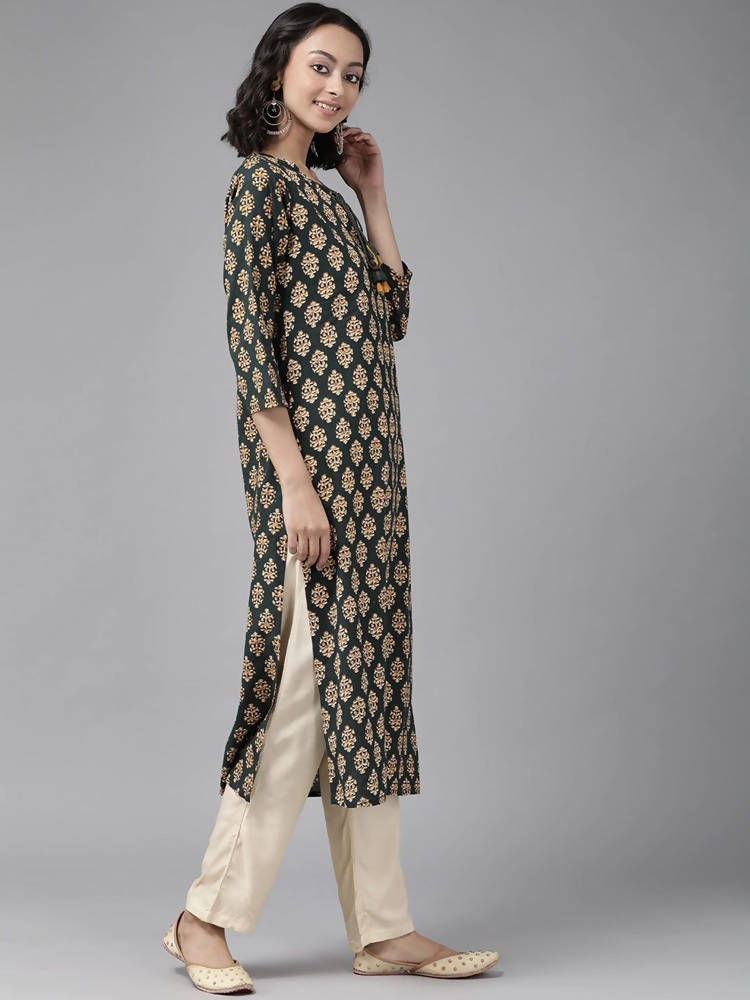 Yufta Women Teal Green & Mustard Yellow Ethnic Printed Pure Cotton Kurta with Palazzo