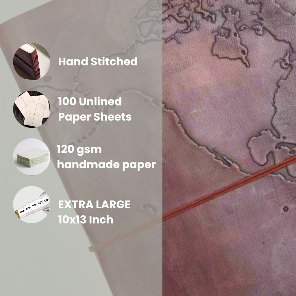 Extra Large World Map Leather Journal | 11x14 Embossed Statement Journal