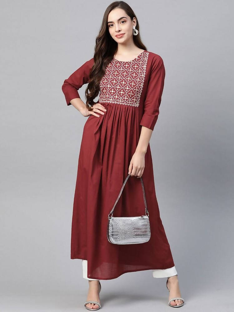 Yufta Women Rust Red & White Embroidered Mirror Work Yoke Design Cotton A-Line Dress