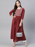 Yufta Women Rust Red & White Embroidered Mirror Work Yoke Design Cotton A-Line Dress