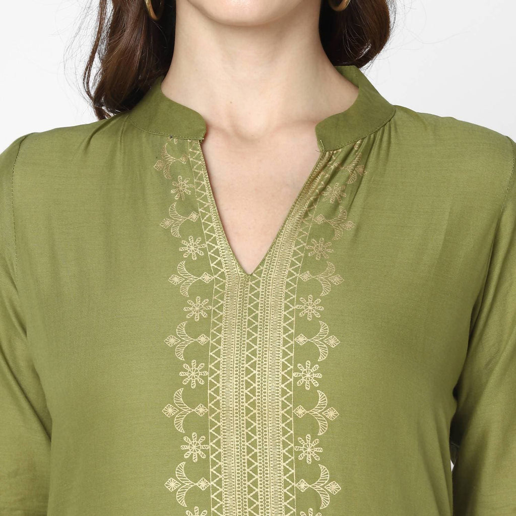 Cheera Hand Block Print Military Color & Skin Color Straight Kurta With Palazzo (MAAI-076K)