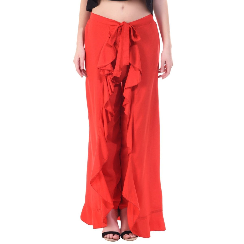 Asmaani Red Color Plain Ruffle Palazzo